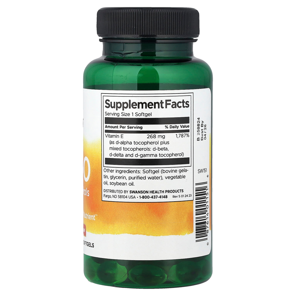Swanson, E-400, смешанные токоферолы, 268 мг (400 МЕ), 100 мягких таблеток