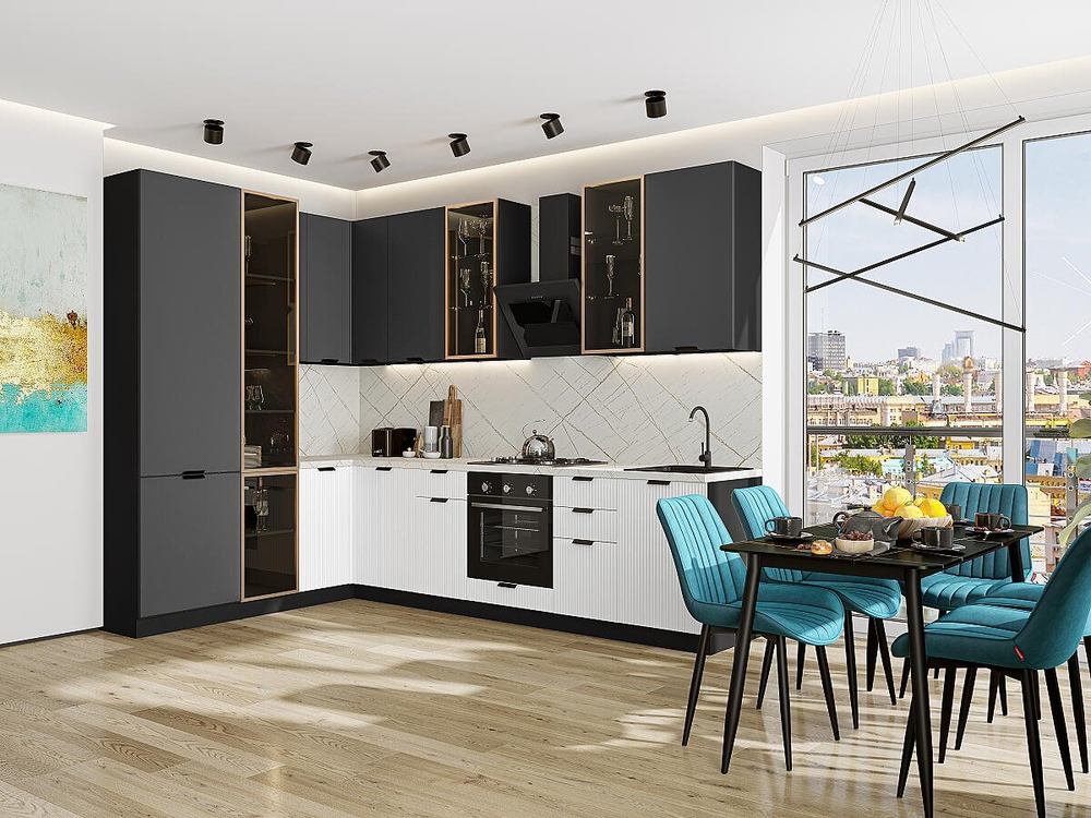 Прямая модульная кухня Евро Лайн-07 Антрацит/Белый - Graphite 2340*2000/3000*600