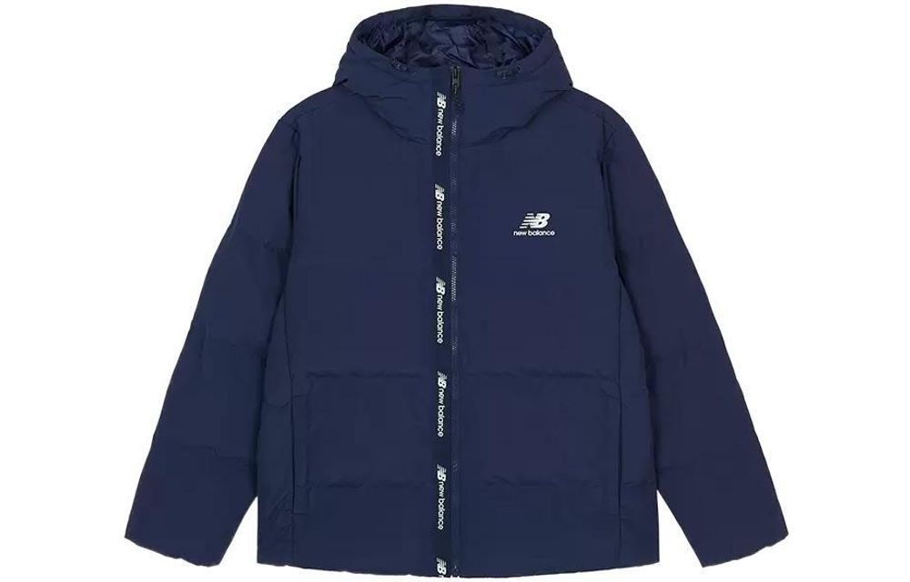 New Balance logo printed pattern zipper hooded thick down jacket men&#39;s navy blue