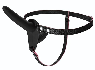 Черный страпон на ремнях с вагинальной пробкой - 15 см. (Цвет: черный)