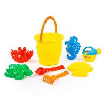Набор №530: Ведро-замок большое, совок №2, грабельки №2, формочки (краб №2 + черепаха + морской конёк + ракушка №2), лейка малая №3