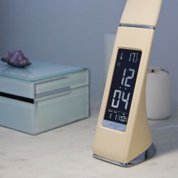 TLD-542 Cream-LED-300Lm-5000K-Dimmer Светильник настольный c часами. календарем. термометром. 5W. Сенсорный выключатель. Кремовый стилизован под кожу. TM Uniel.