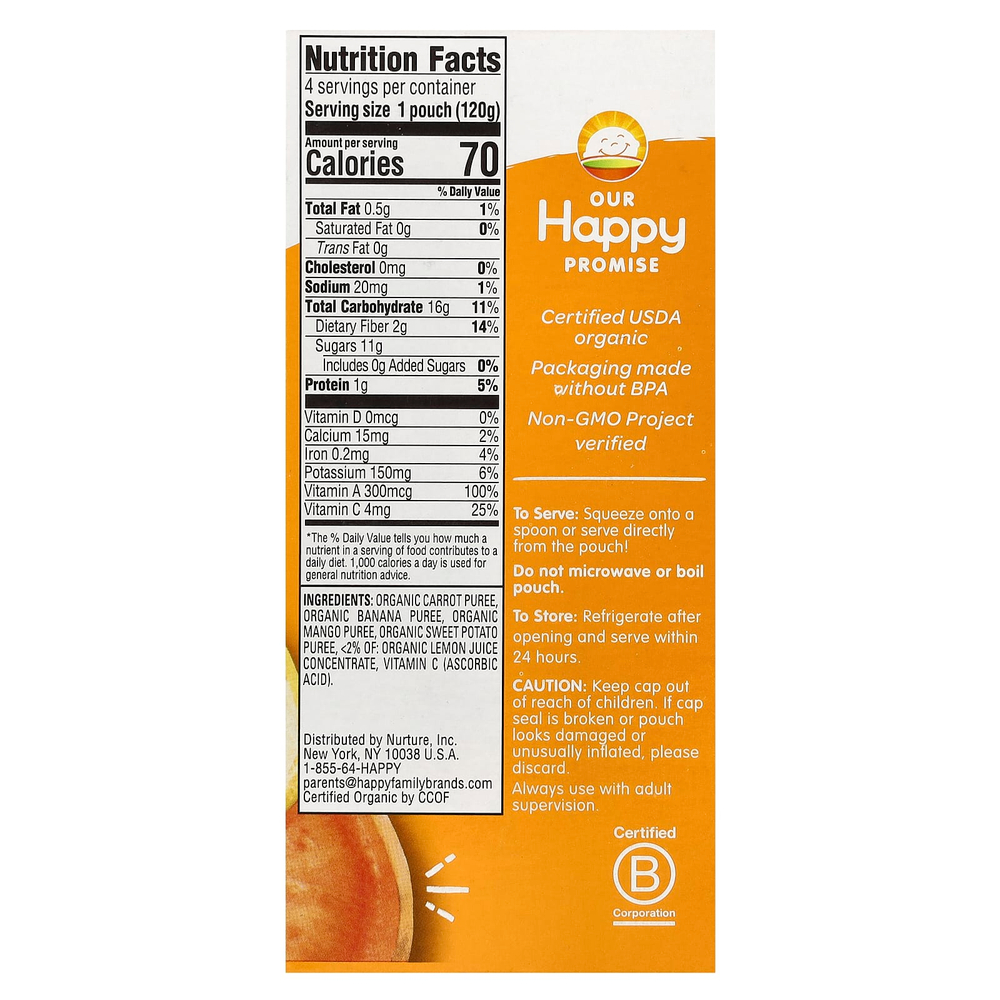 Happy Family Organics, Happy Tot®, Love My Veggies, этап 4, органическая морковь, бананы, манго и батат, 4 пакетика по 120 г (4,22 унции)