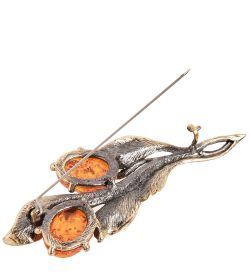 AM-2091 Брошь «Ива» (латунь, янтарь)