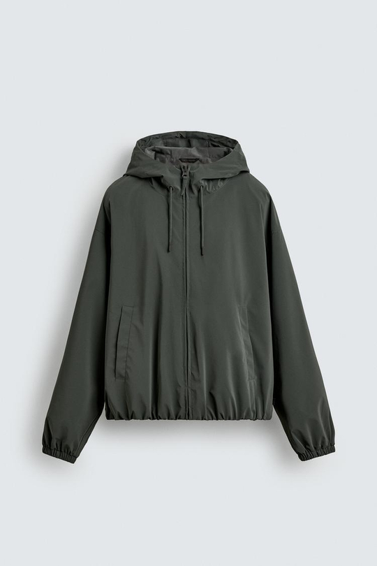 ZARA КУРТКА ИЗ ВЫСОКОТЕХНОЛОГИЧНОЙ ТКАНИ С КАПЮШОНОМ, СЕРО-СИНИЙ
