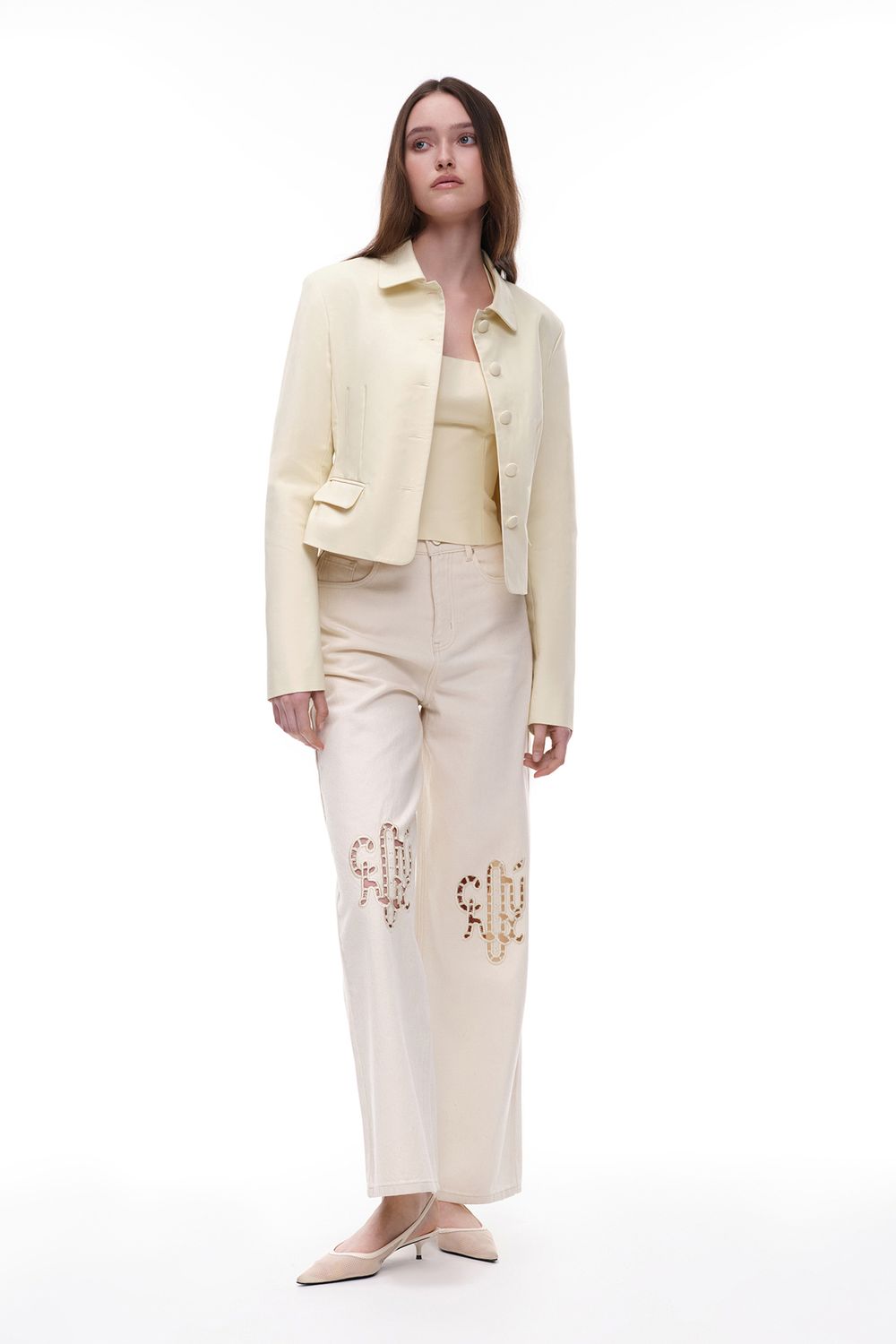 Джинсы с вышивкой (Ришелье), молочные