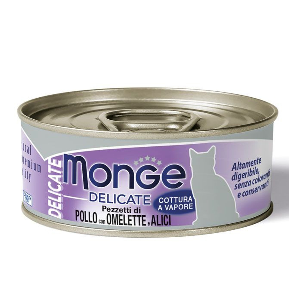 Кусочки для кошек с курицей, омлетом и снетками 7306 MONGE Delicate Cat cans 80 гр