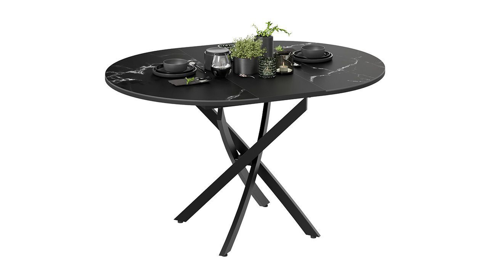 Стол кухонный обеденный круглый раздвижной Черный муар/Стекло глянцевое белое 100(132)х75х75 см