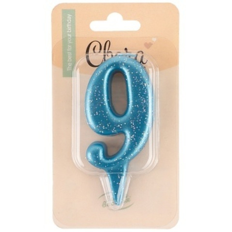 Свеча Цифра, 9 Овал, Синий, с блестками, 8 см