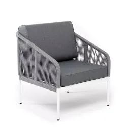 "Канны" кресло плетеное из роупа, каркас алюминий белый муар, роуп светло-серый круглый, ткань серая 017