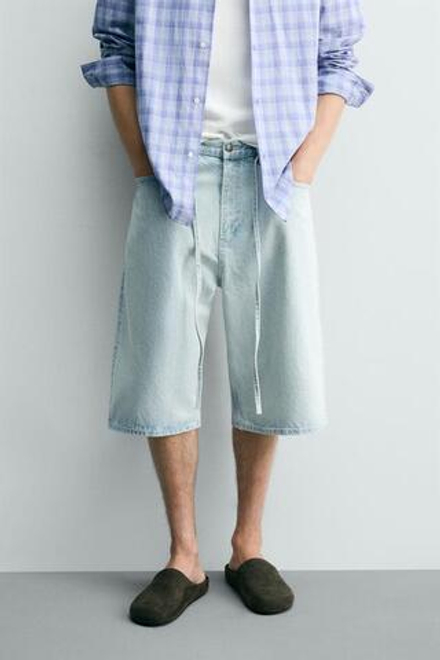 ZARA ДЖИНСОВЫЕ ШОРТЫ BAGGY С ВЫШИВКОЙ, ГОЛУБОЙ