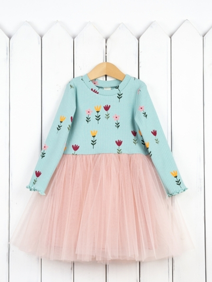 Платье "Тюльпаны на бирюзе" с фатиновой юбкой