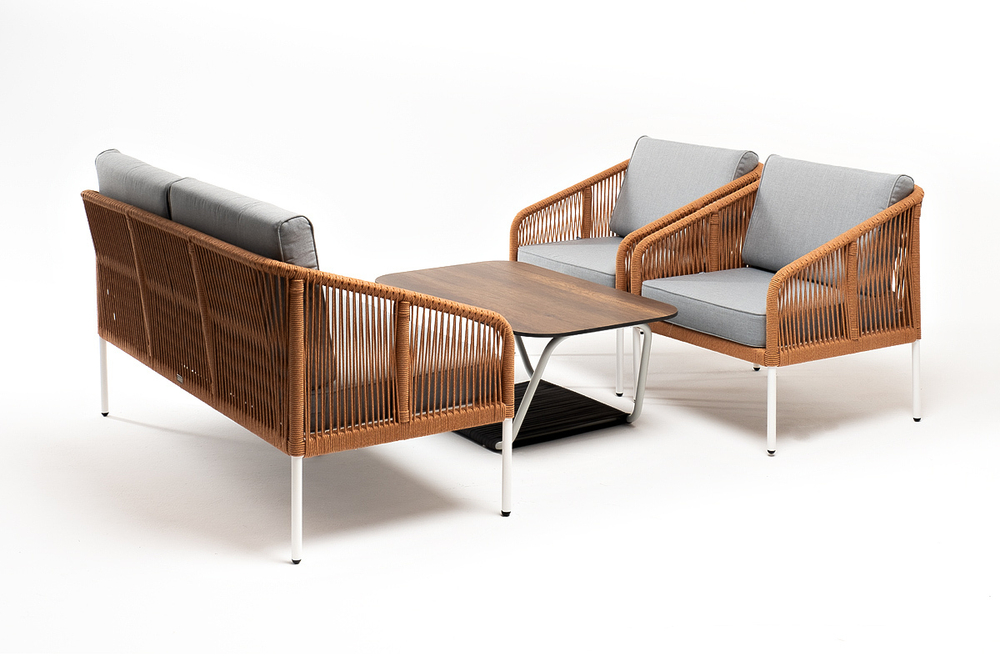 "Канны" лаунж-зона 4-местная из роупа со столом "Глория" цвет "дуб", каркас алюминиевый белый, роуп оранжевый меланж