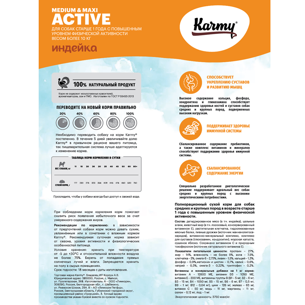 Сухой корм для собак средних и крупных пород старше 1 года Karmy Active Medium & Maxi Индейка