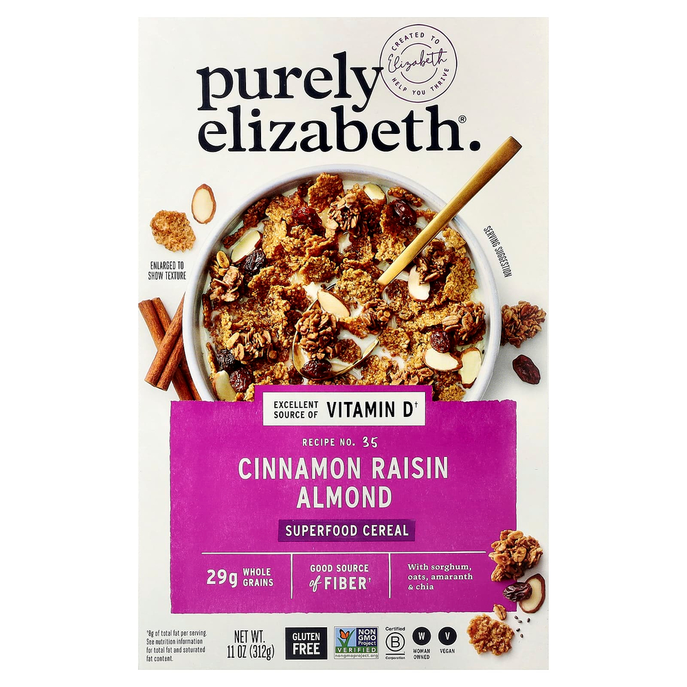 Purely Elizabeth, хлопья с суперфудами, корица, изюм и миндаль, 312 г (11 унций)
