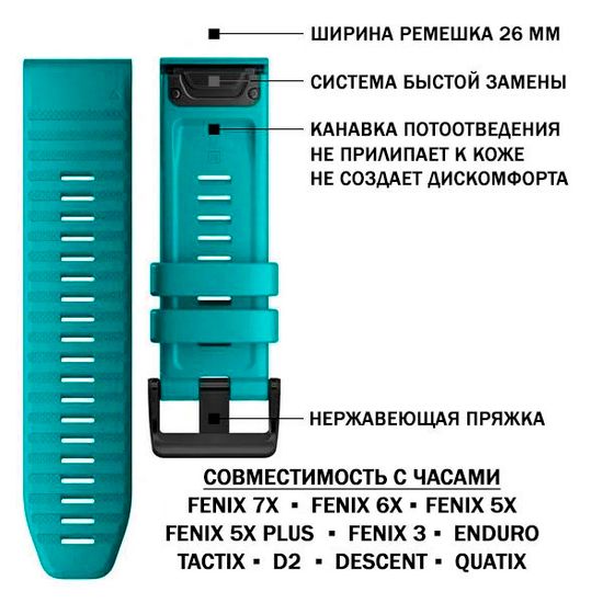 Ремешок силиконовый 26 мм. Premium для Garmin Fenix 7x/6x/5x/5x plus/3, Descent, Tactix, Enduro, D2, быстросъемный QuickFit (Бирюзовый)