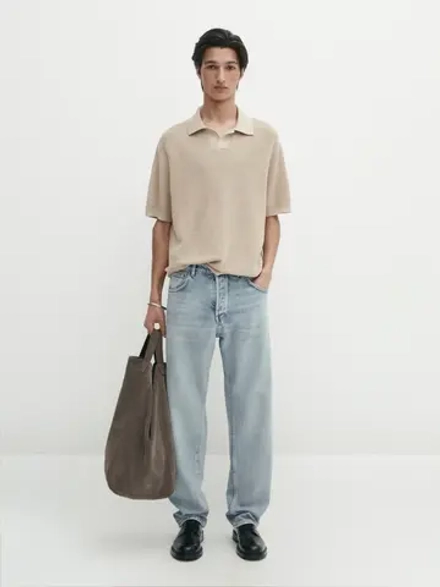 Massimo Dutti Футболка-поло  из хлопка и льна, бежевый