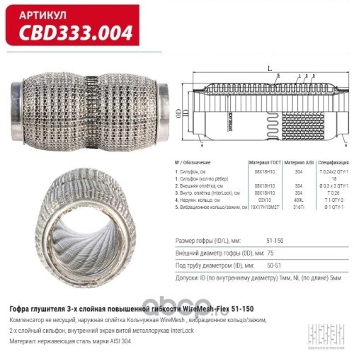 Виброкомпенсатор выхлоп. системы (гофра метал.) WireMesh-Flex 51-150 (CBD)