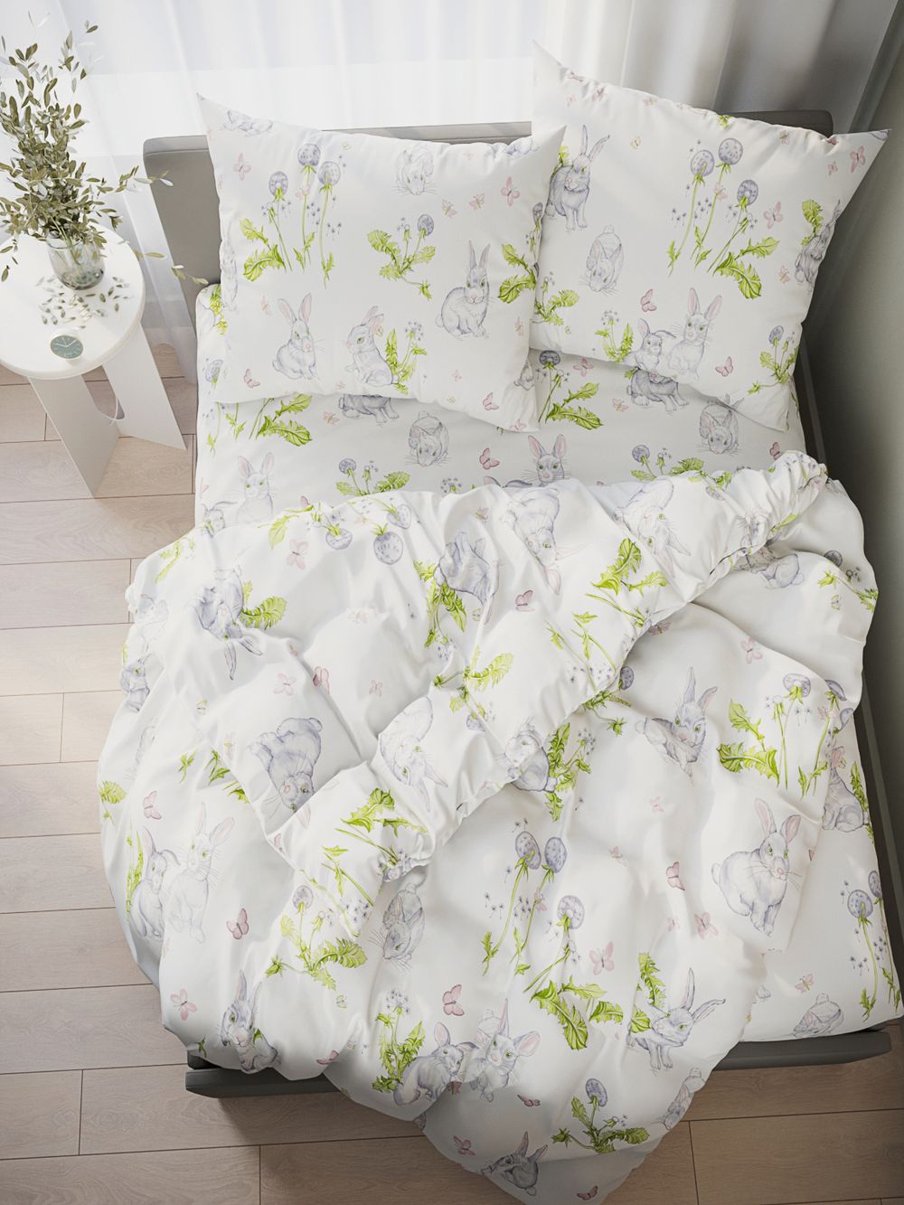 Простынь на резинке поплин Сказка "Кролики" 180x200 см