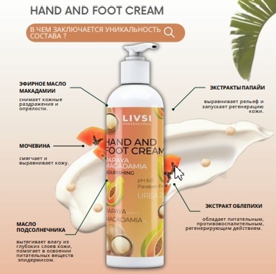 Крем для рук и ног Папайя и Макадамия 200мл. Livsi