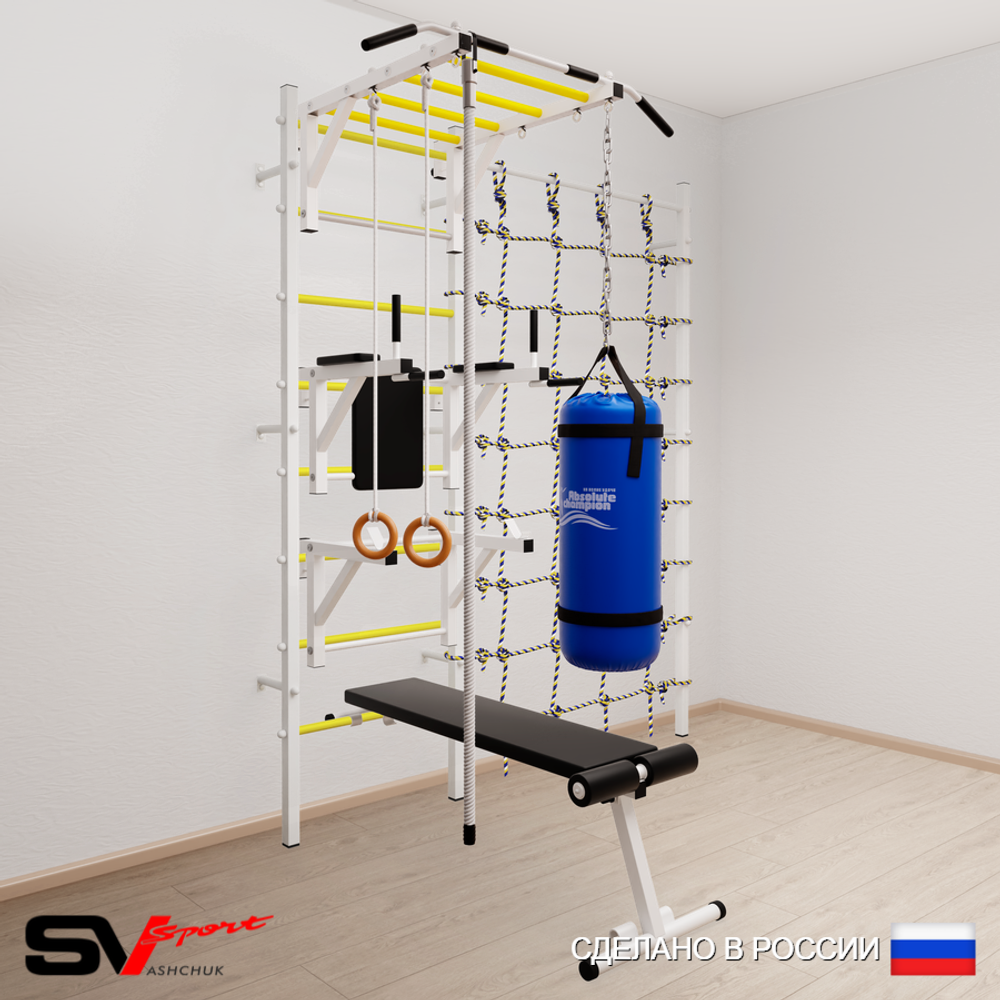 Шведская стенка Sv Sport усиленная 66410 (Турник рукоход/Брусья/Стойка/Скамья/Канат/Кольца/Цепь/Мешок 15кг/Канатный лаз)