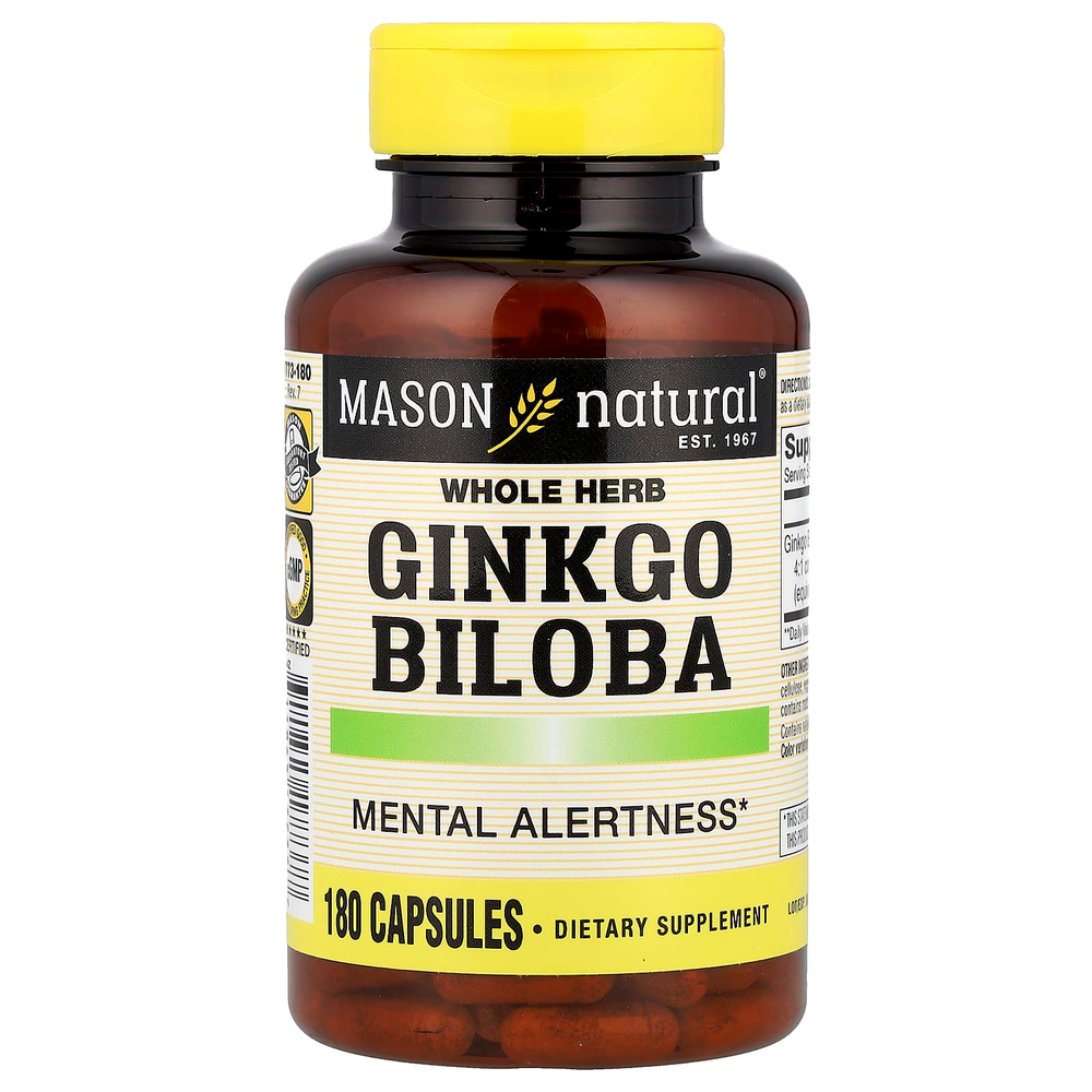 Mason Natural, цельное растение гинкго билоба, 180 капсул (125 мг в 1 капсуле)