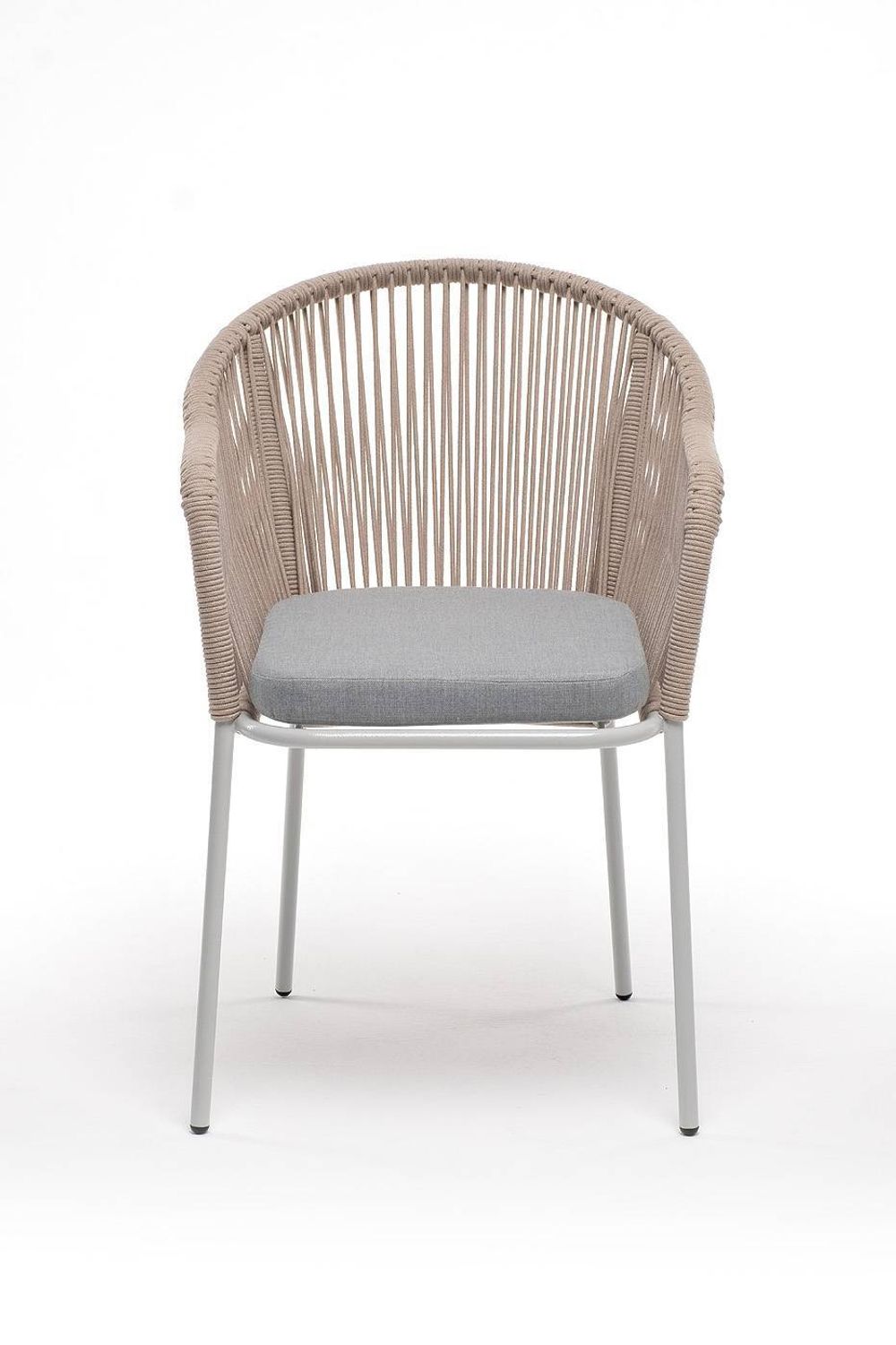 "Лион" стул плетеный из роупа, каркас из стали светло-серый (RAL7035) муар, роуп бежевый круглый, ткань светло-серая