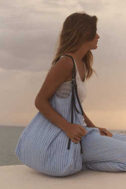 ZARA СУМКА-ШОПЕР ИЗ ТКАНИ В ПОЛОСКУ, СИНИЙ