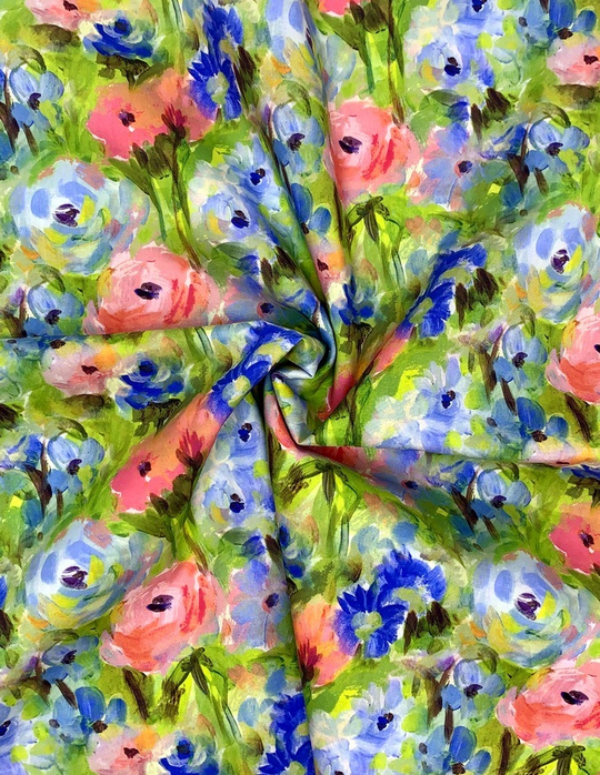 Коттон принт, цветы голубые/розовые на зеленом DGT