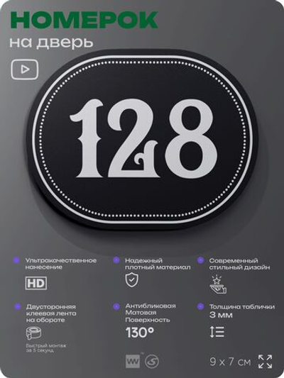 Номерок на дверь квартиры 128, для кабинета, офиса, шильдик 9 х 7 см, черный, Айдентика Технолоджи