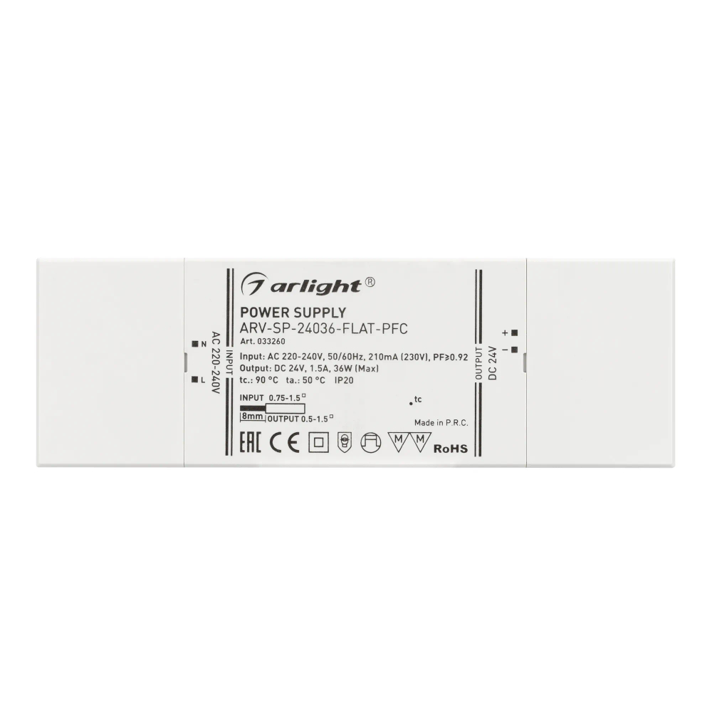 Блок питания ARV-SP-24036-FLAT-PFC (24V, 1.5A, 36W) (Arlight, IP20 Пластик, 5 лет) 033260