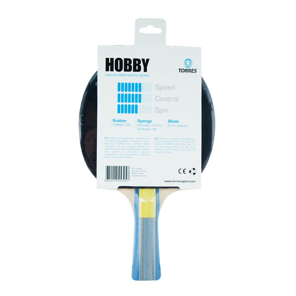 Ракетка для н/т TORRES Hobby, TT0003, для любителей, накладка 1,8 мм, конич. ручка