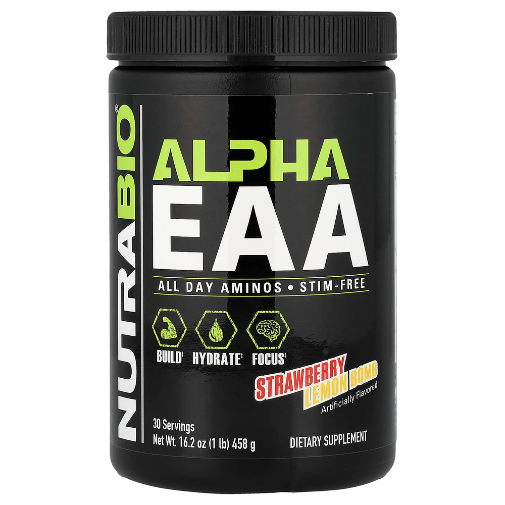 NutraBio, Alpha EAA, незаменимые аминокислоты, со вкусом клубники и лимона, 458 г (1 фунт)