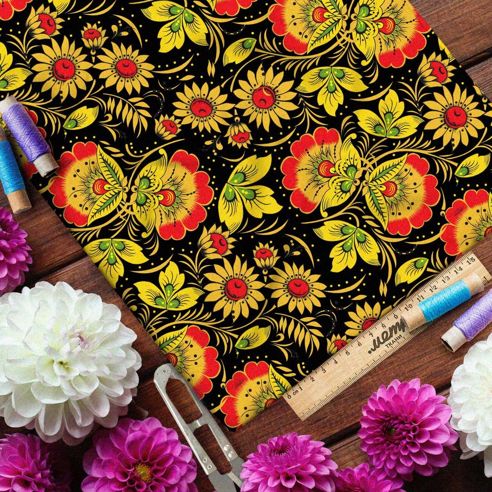 Ткань шифон крупная плотная хохлома из цветов на чёрном фоне