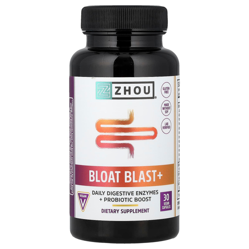 Zhou Nutrition, Bloat Blast+, добавка против вздутия живота, 30 веганских капсул