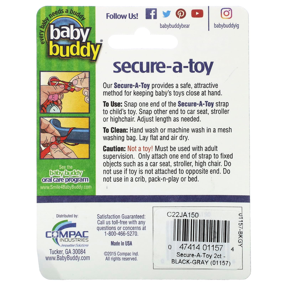 Baby Buddy, Secure-A-Toy, для детей от 4 месяцев, черный и серый, 2 ремешка