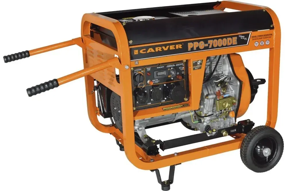 Генератор дизельный CARVER PPG-7000DE (дизель LT-186FA, 6.8 кВА, бак 12.5 л, эл старт АКБ, колеса, медь) Карвер бензогенератор / резервное питание