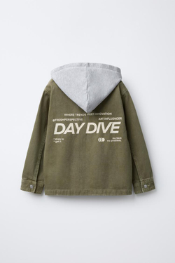 ZARA КУРТКА-РУБАШКА ИЗ ТВИЛА С ОТСТЕГИВАЮЩИМСЯ КАПЮШОНОМ, ХАКИ