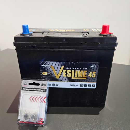 Аккумулятор VESLINE ASIA 45Ah (380 SAE) SMF75B24R (обр.поляр., переходники клемм в комплекте)