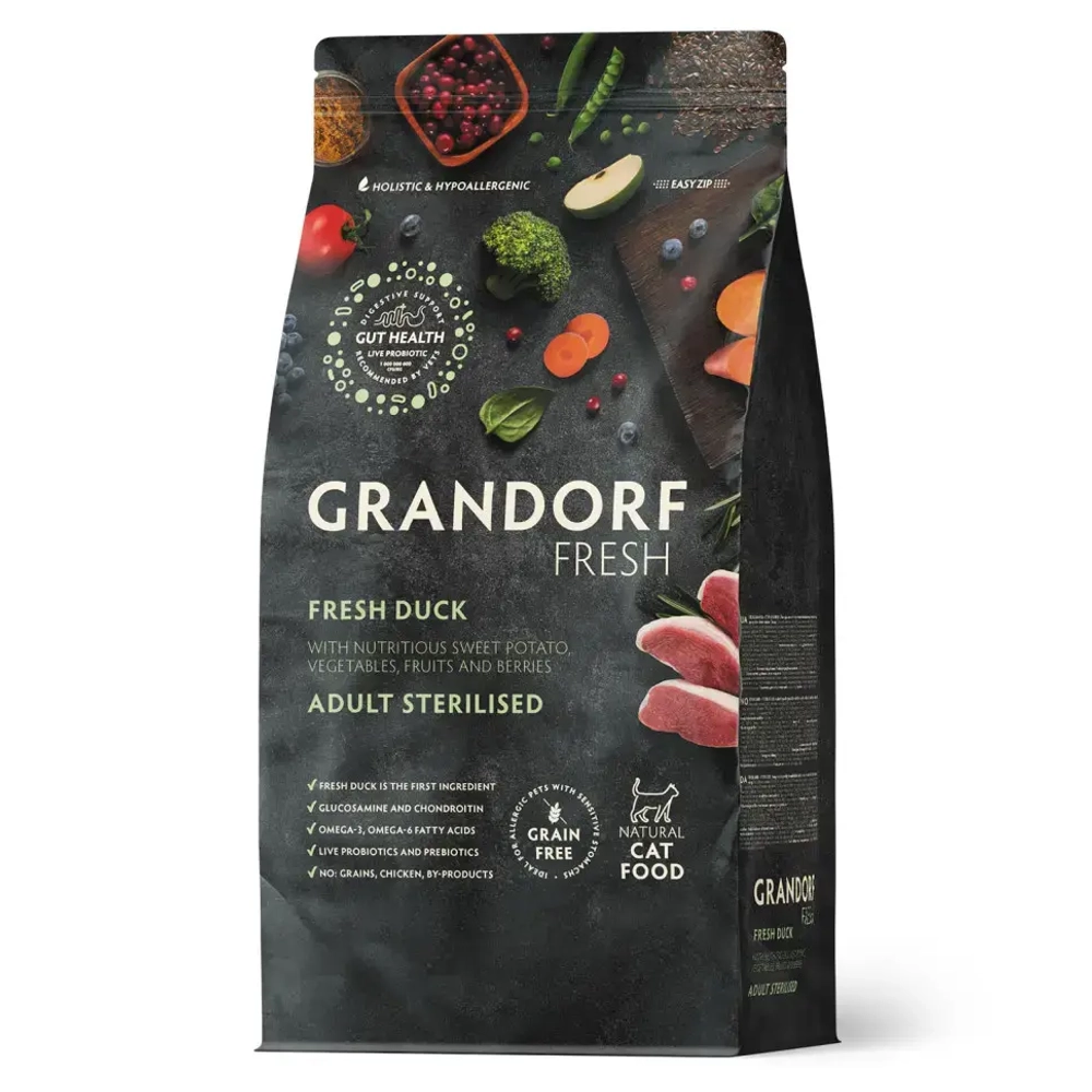 Grandorf fresh cat sterilised duck&sweet potato сухой беззерновой корм с живыми пробиотиками для взрослых стерилизованных кошек с уткой и бататом - 400 г
