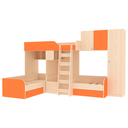 Кровать-чердак КарИВи Трио 2  Дуб Молочный Оранжевый