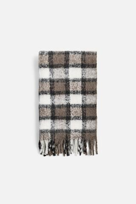 ZARA ШАРФ ИЗ РЕЛЬЕФНОЙ ТКАНИ В КЛЕТКУ, СЕРОВАТО-КОРИЧНЕВЫЙ
