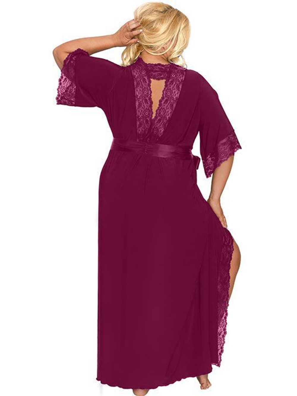 Длинный пеньюар plus size с изящным кружевом и атласным поясом (Размер: 6X) (Цвет: кремовый)