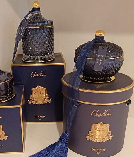 Вода жизни, круглая тёмно-синяя свеча Арт-деко с кисточкой, Cote Noire