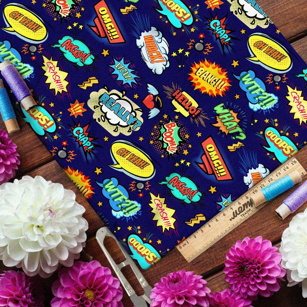 Ткань мембрана мелкие звуки из комиксов на тёмно-синем фоне