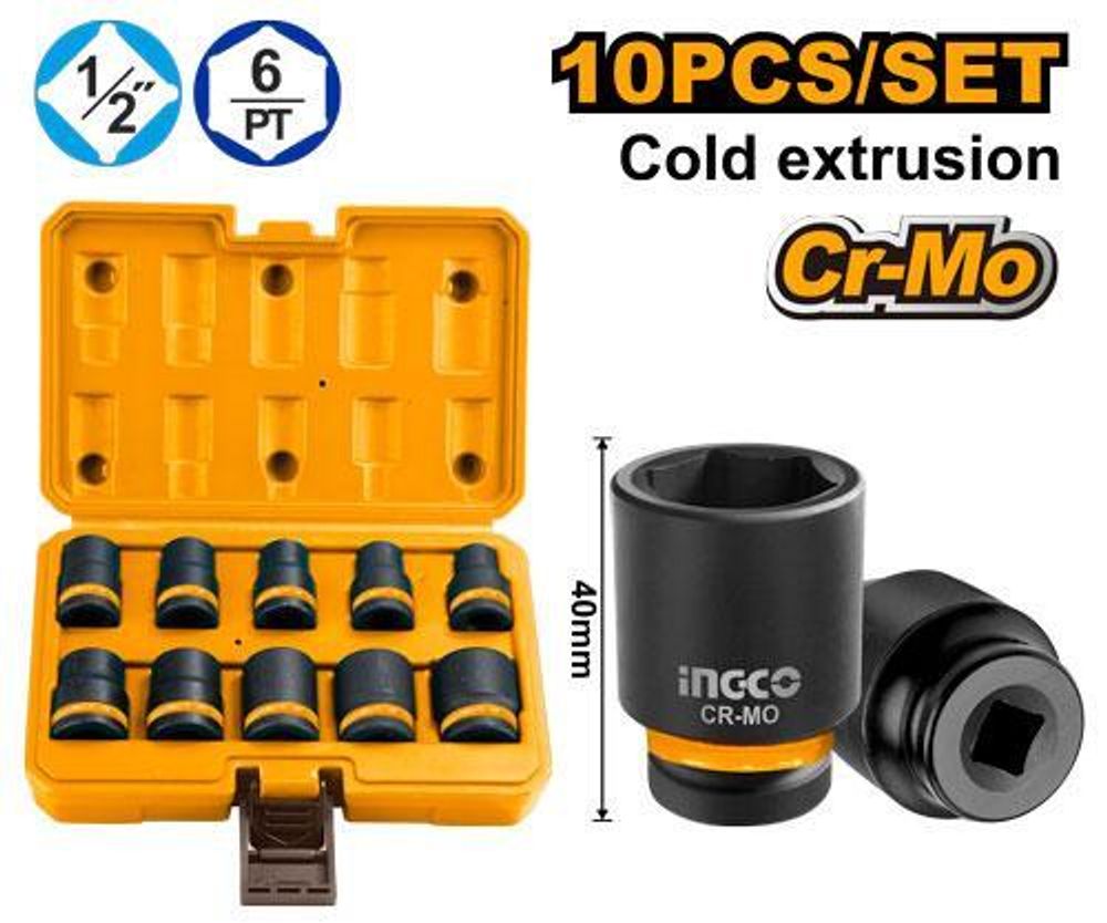 Набор торцевых ударных головок INGCO HKISSD12101 INDUSTRIAL 1/2&quot; 10-24 мм 10 шт.
