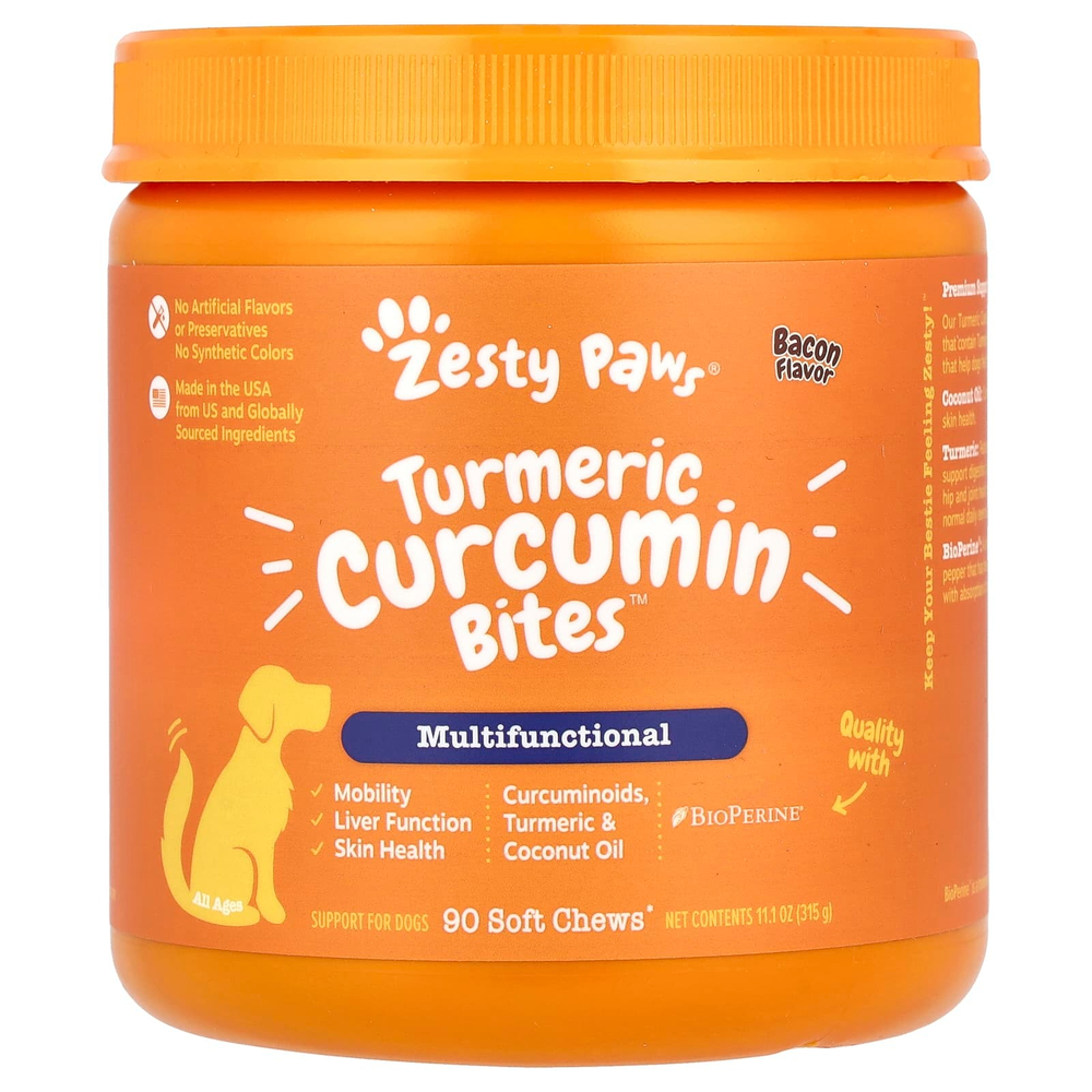 Zesty Paws, Turmeric Curcumin Bites, добавка для собак, со вкусом бекона, 90 мягких жевательных таблеток