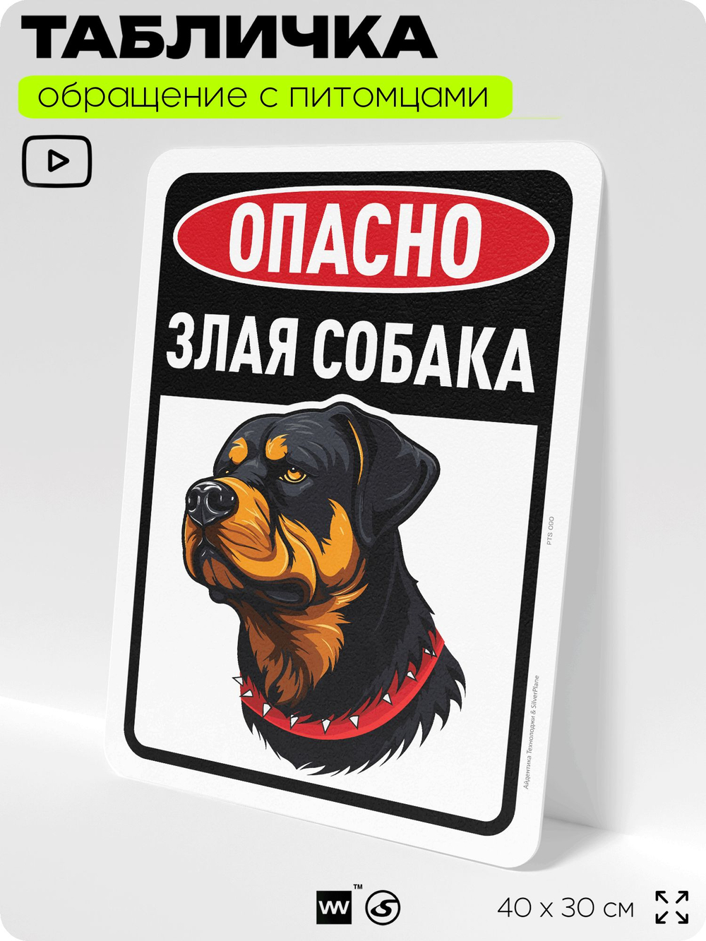 Табличка "Опасно, злая собака" на дверь и забор, для двора, дома, подъезда, 40х30 см, Silver Plane x Айдентика Технолоджи