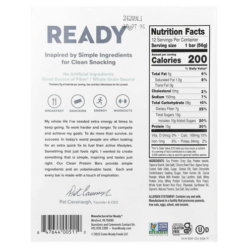 Ready, Clean Protein Bar, темный шоколад с морской солью, 12 батончиков, 56 г (1,98 унции)