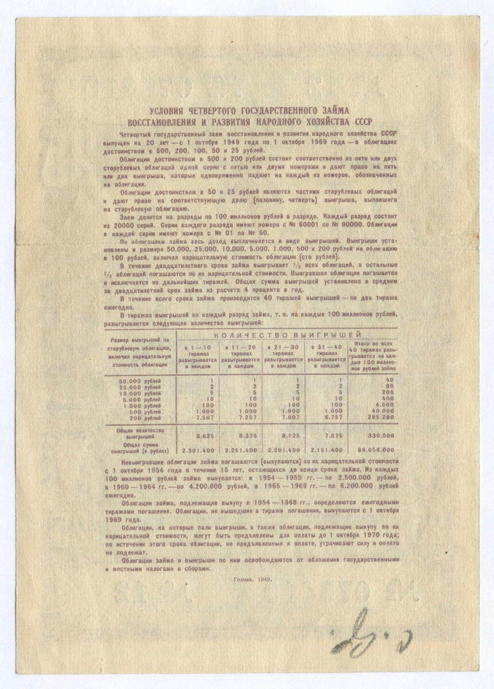 Облигация 25 рублей 1949 год. 4-ый заем восстановления и развития народного хозяйства. Серия № 076419. VF